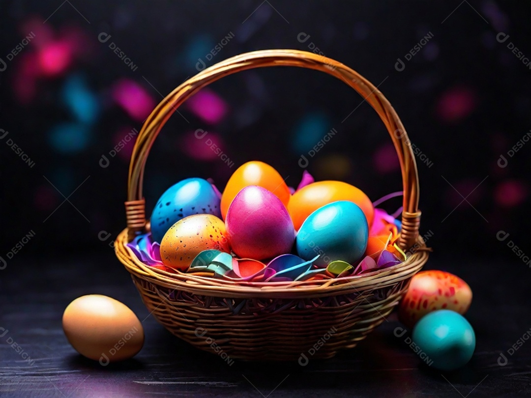 Uma cesta de ovos de Páscoa coloridos em um fundo abstrato de tecnologia escura