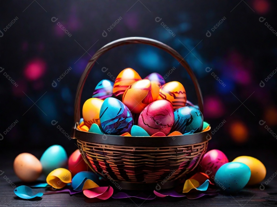 Uma cesta de ovos de Páscoa coloridos em um fundo abstrato de tecnologia escura