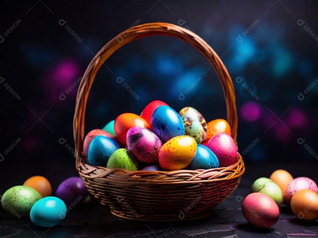 Uma cesta de ovos de Páscoa coloridos em um fundo abstrato de tecnologia escura