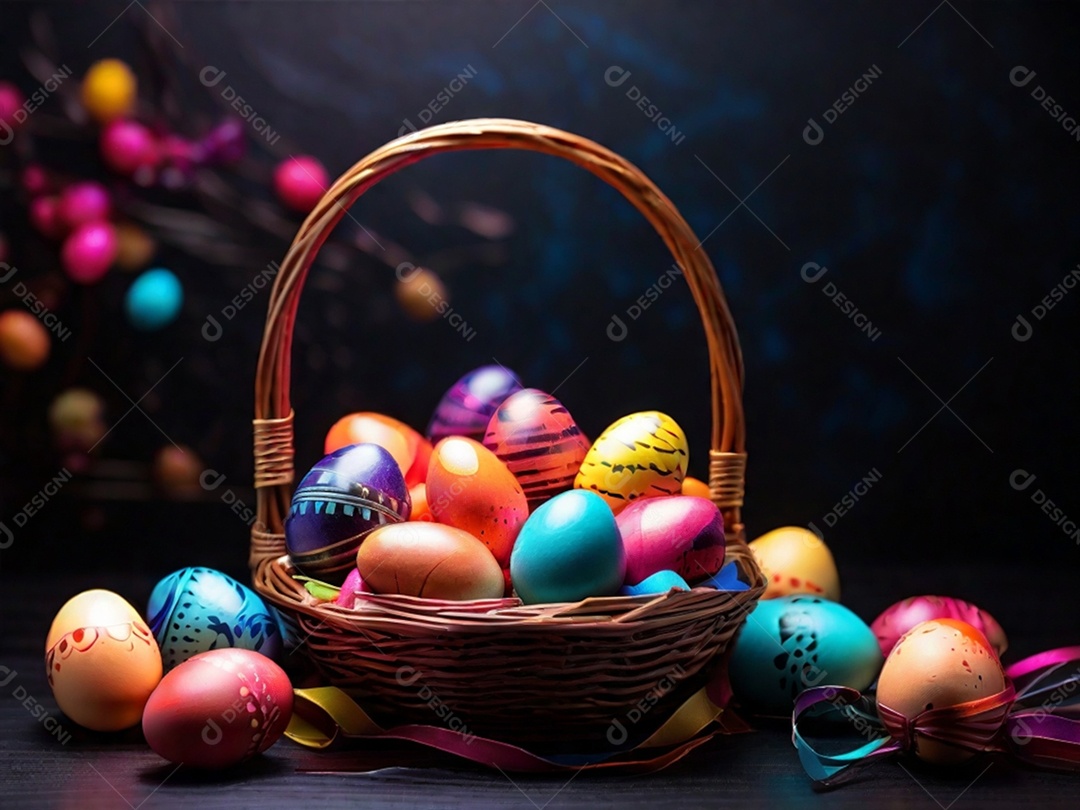 Uma cesta de ovos de Páscoa coloridos em um fundo abstrato de tecnologia escura