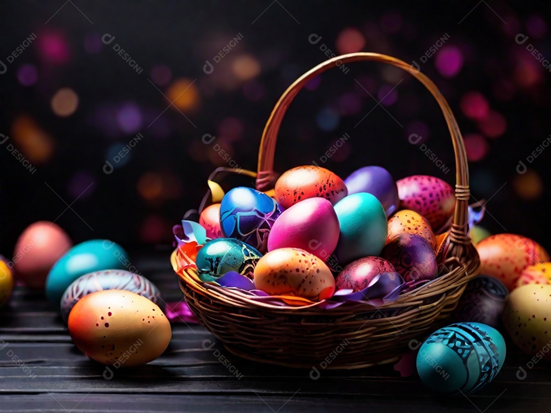 Uma cesta de ovos de Páscoa coloridos em um fundo abstrato de tecnologia escura
