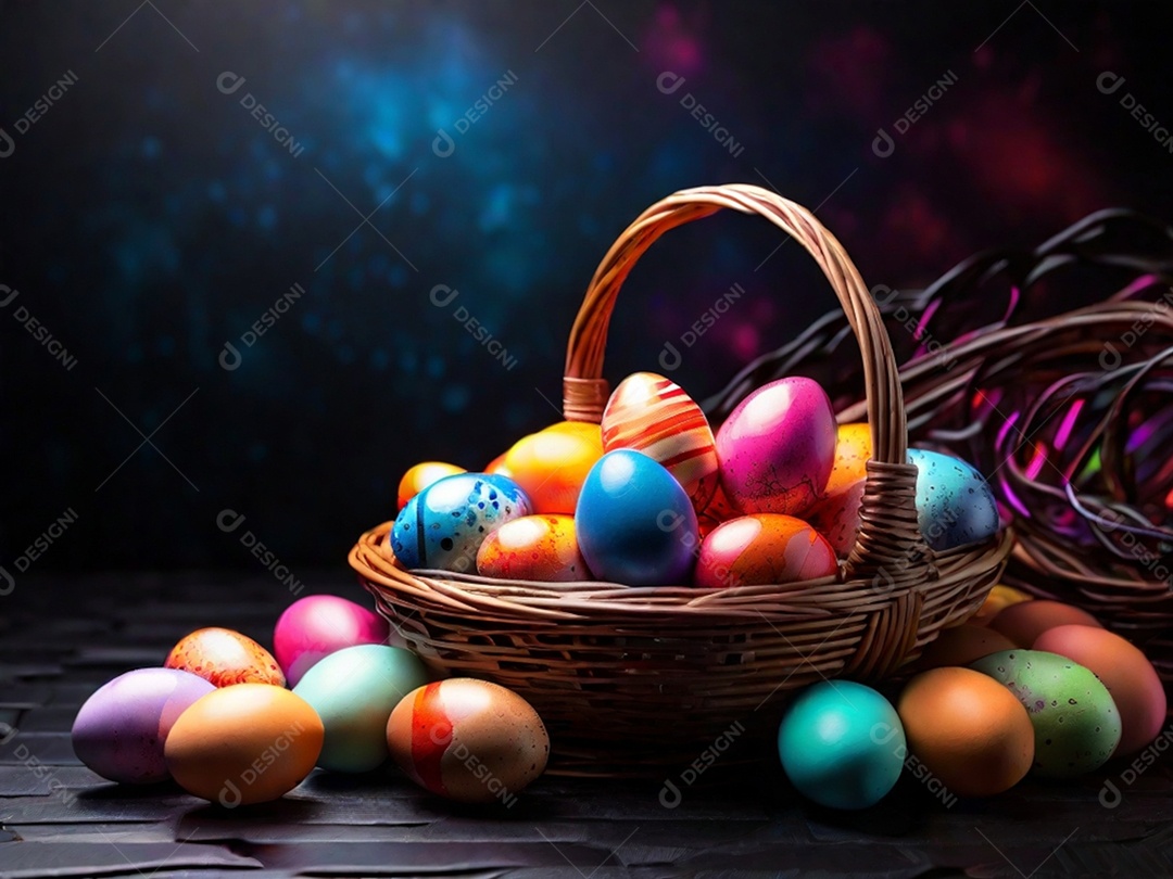 Uma cesta de ovos de Páscoa coloridos em um fundo abstrato de tecnologia escura