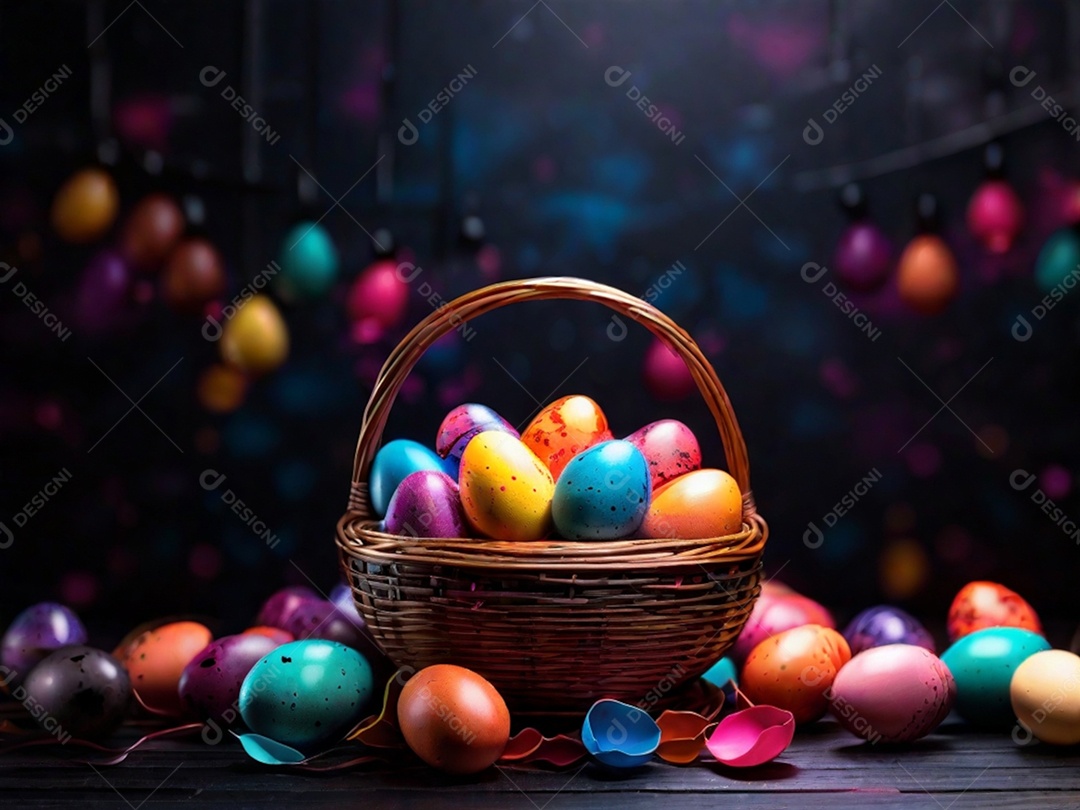 Uma cesta de ovos de Páscoa coloridos em um fundo abstrato de tecnologia escura