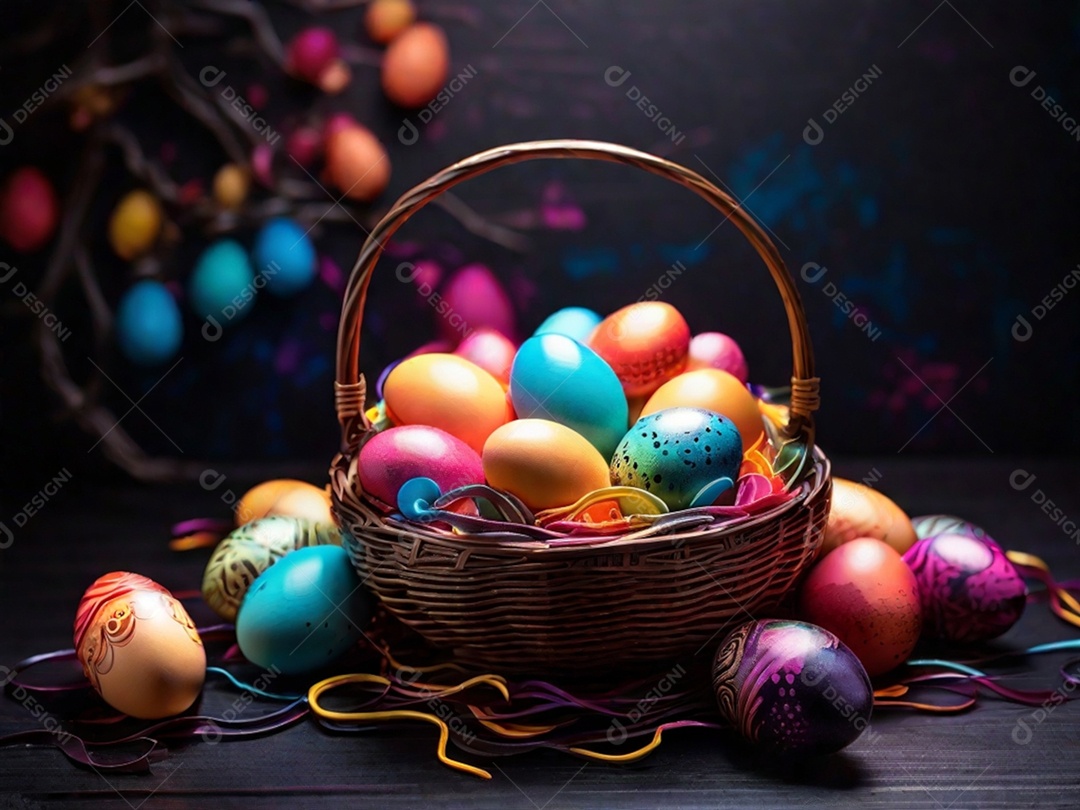 Uma cesta de ovos de Páscoa coloridos em um fundo abstrato de tecnologia escura