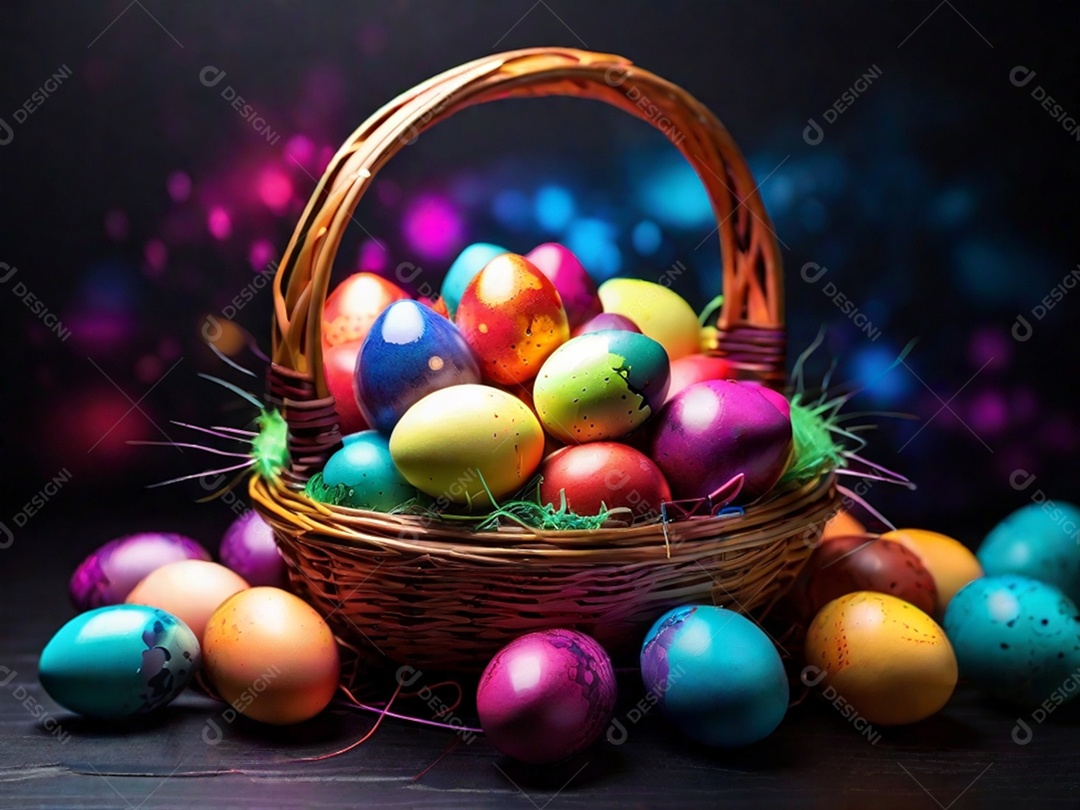 Uma cesta de ovos de Páscoa coloridos em um fundo abstrato de tecnologia escura