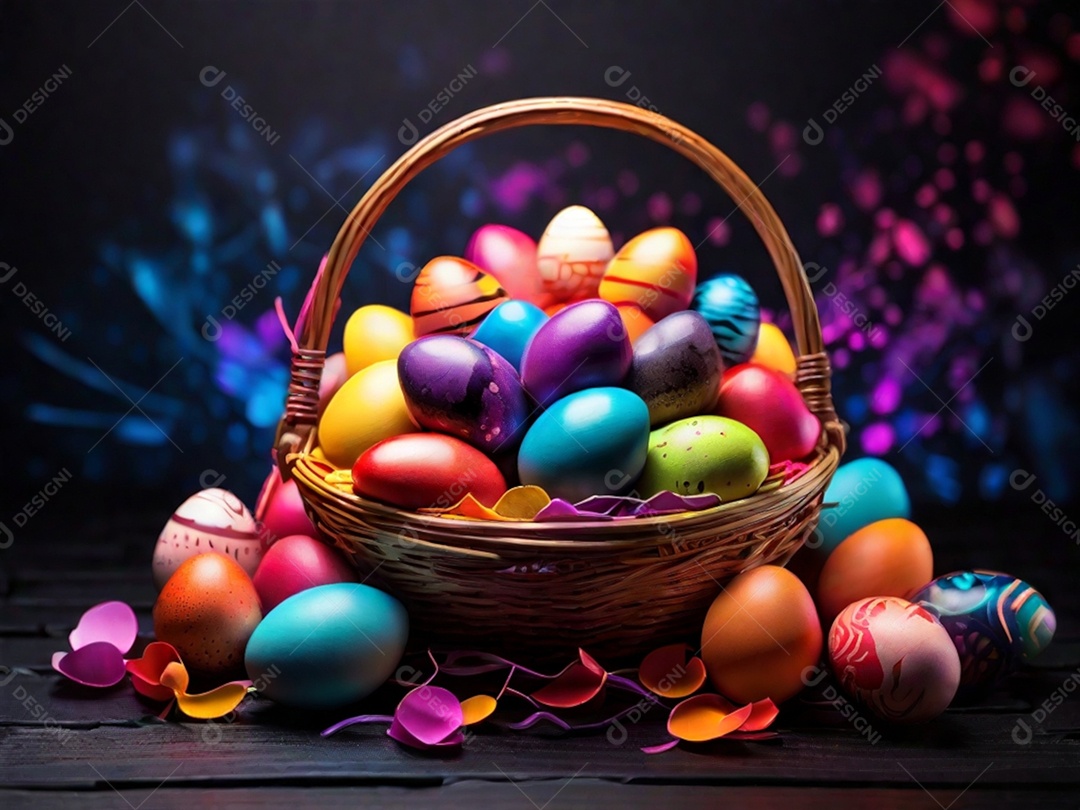 Uma cesta de ovos de Páscoa coloridos em um fundo abstrato de tecnologia escura