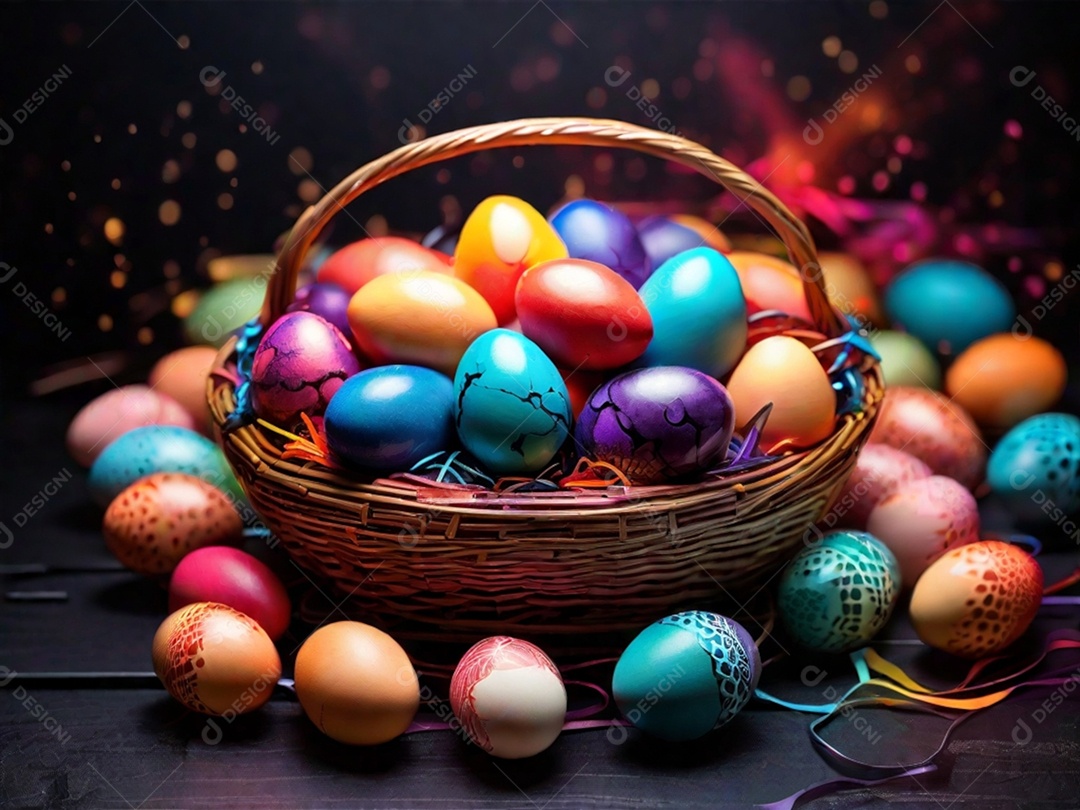 Uma cesta de ovos de Páscoa coloridos em um fundo abstrato de tecnologia escura
