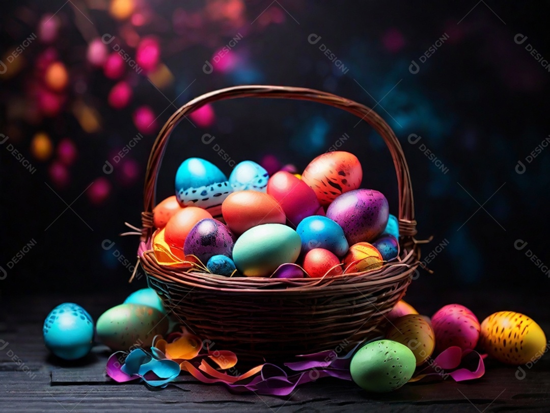 Uma cesta de ovos de Páscoa coloridos em um fundo abstrato de tecnologia escura