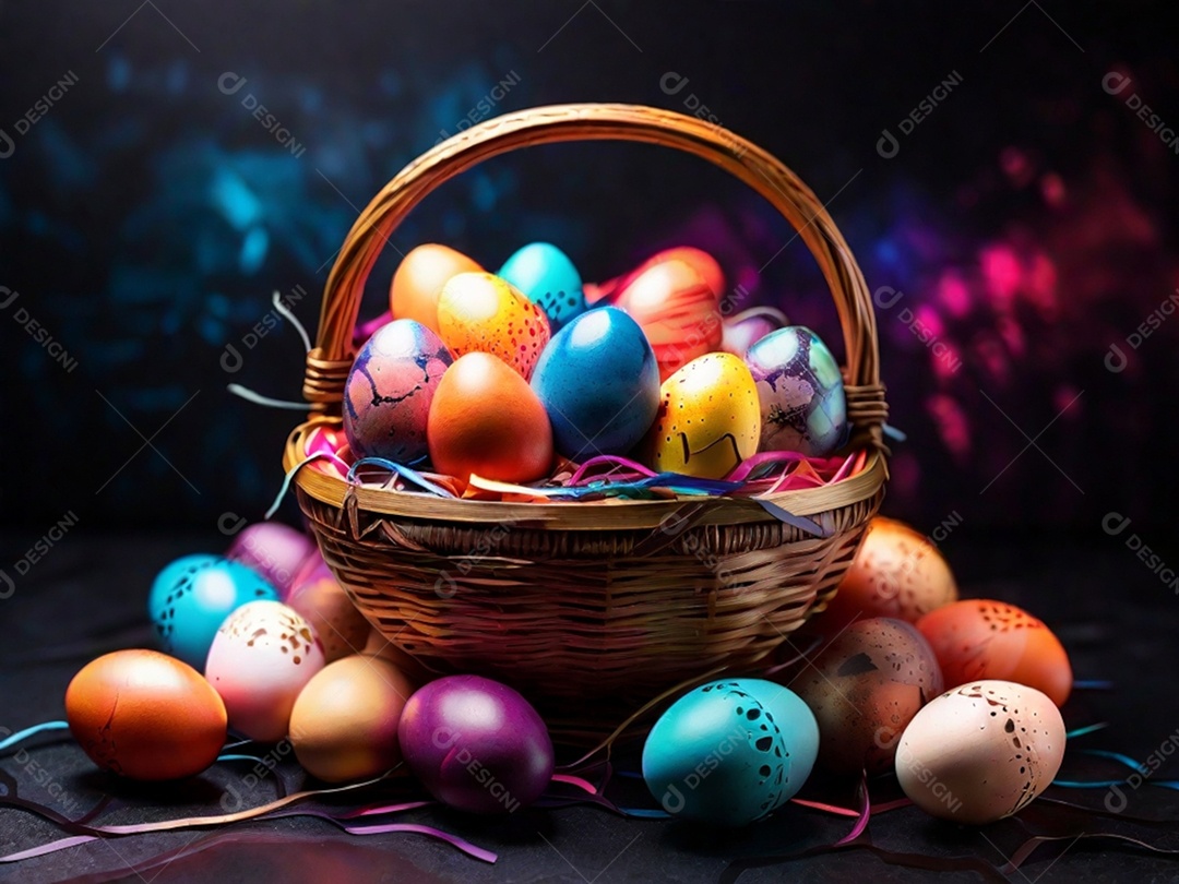 Uma cesta de ovos de Páscoa coloridos em um fundo abstrato de tecnologia escura