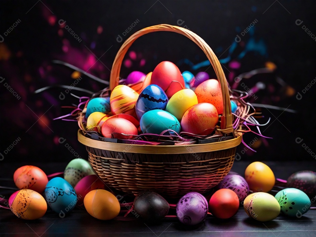 Uma cesta de ovos de Páscoa coloridos em um fundo abstrato de tecnologia escura