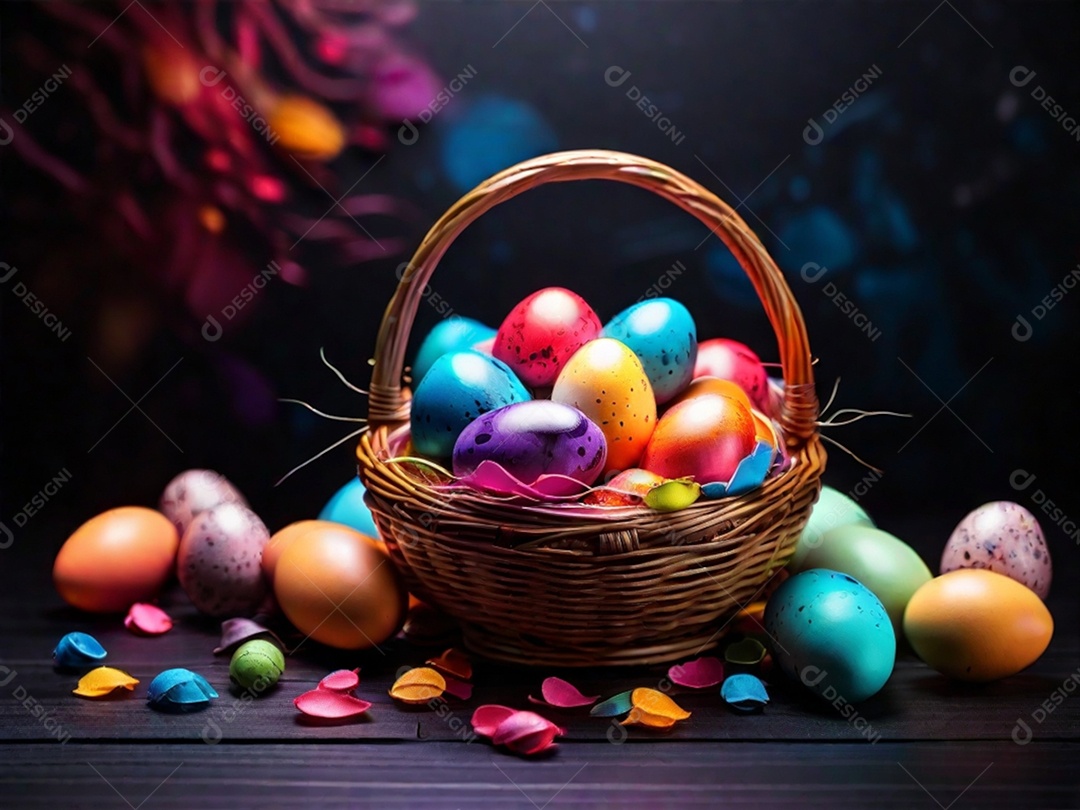 Uma cesta de ovos de Páscoa coloridos em um fundo abstrato de tecnologia escura