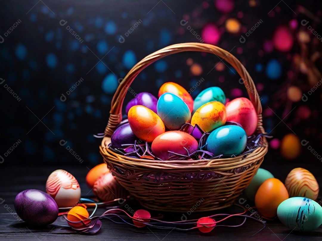 Uma cesta de ovos de Páscoa coloridos em um fundo abstrato de tecnologia escura