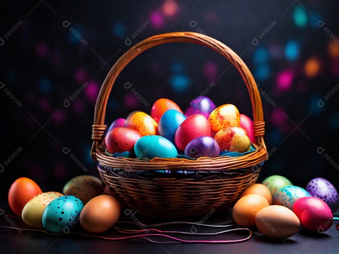 Uma cesta de ovos de Páscoa coloridos em um fundo abstrato de tecnologia escura
