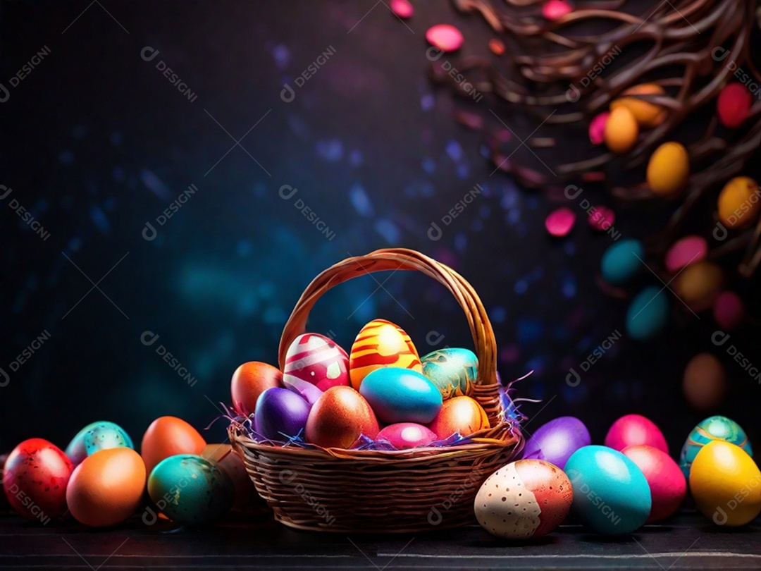 Uma cesta de ovos de Páscoa coloridos em um fundo abstrato de tecnologia escura