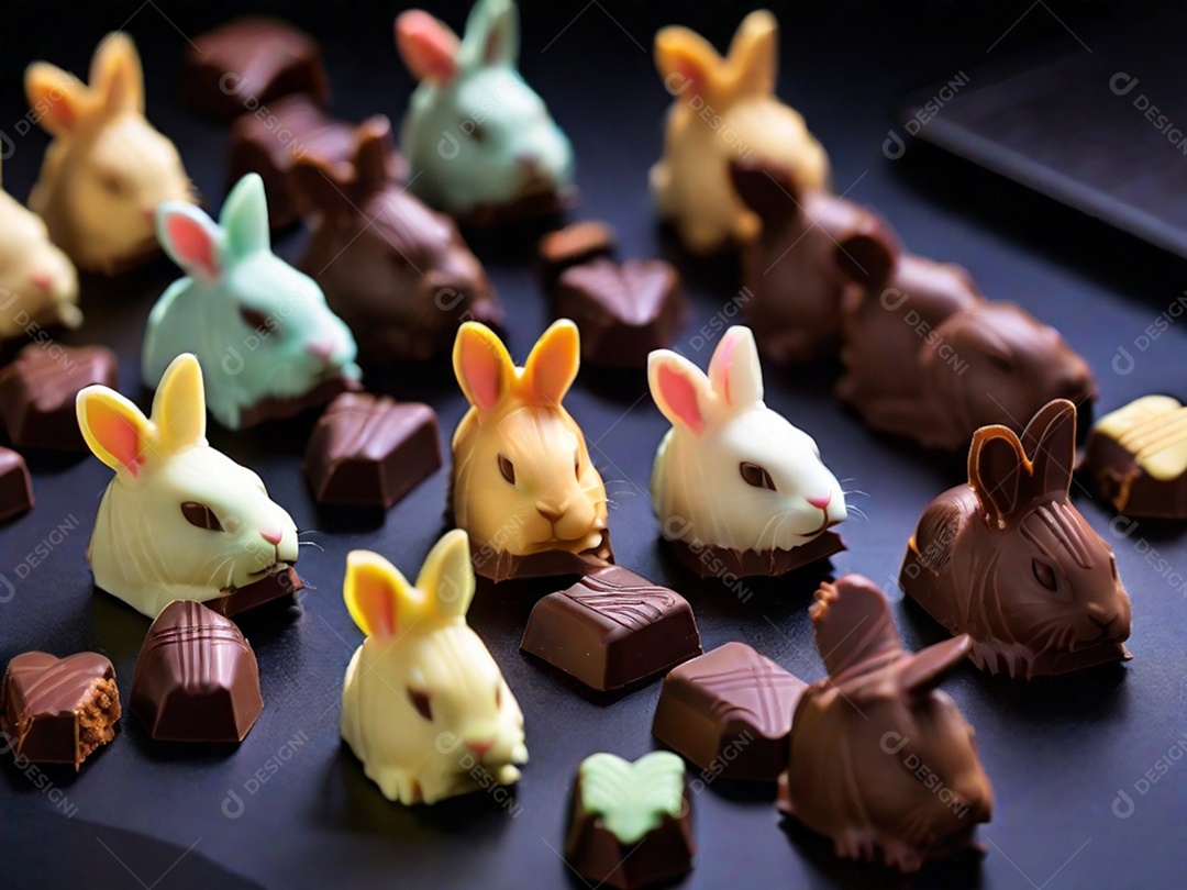 Adoráveis ​​chocolates em formato de coelho dispostos cuidadosamente sobre uma superfície escura