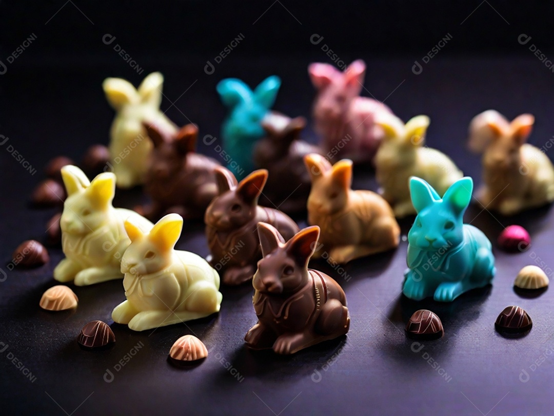 Adoráveis ​​chocolates em formato de coelho dispostos cuidadosamente sobre uma superfície escura