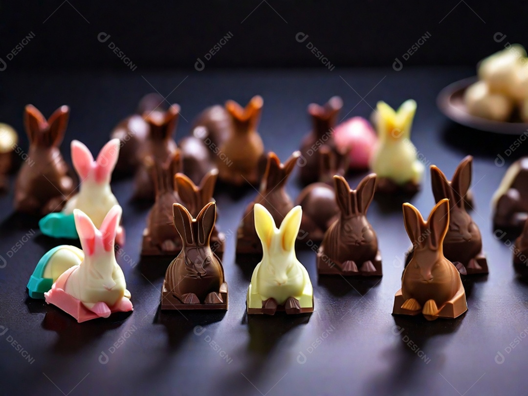 Adoráveis ​​chocolates em formato de coelho dispostos cuidadosamente sobre uma superfície escura