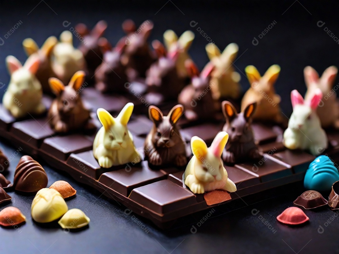 Adoráveis ​​chocolates em formato de coelho dispostos cuidadosamente sobre uma superfície escura