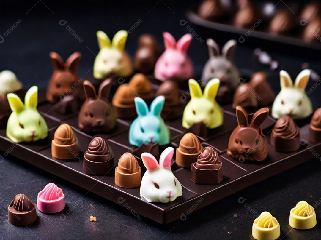 Adoráveis ​​chocolates em formato de coelho dispostos cuidadosamente sobre uma superfície escura