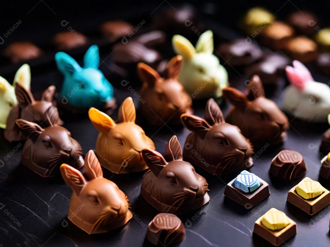 Adoráveis ​​chocolates em formato de coelho dispostos cuidadosamente sobre uma superfície escura