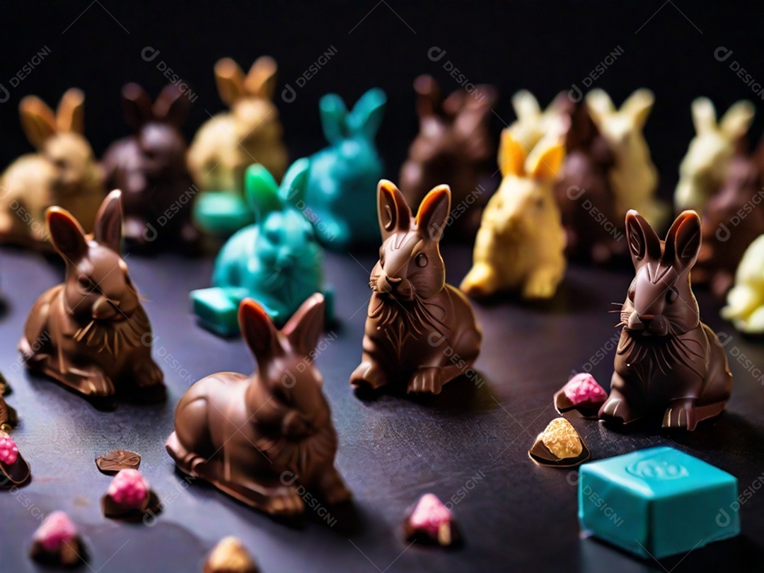 Adoráveis ​​chocolates em formato de coelho dispostos cuidadosamente sobre uma superfície escura