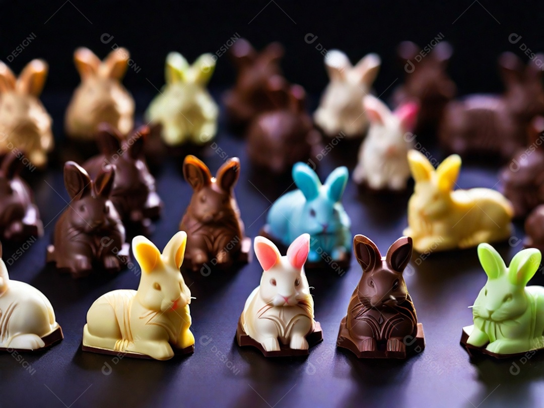 Adoráveis ​​chocolates em formato de coelho dispostos cuidadosamente sobre uma superfície escura