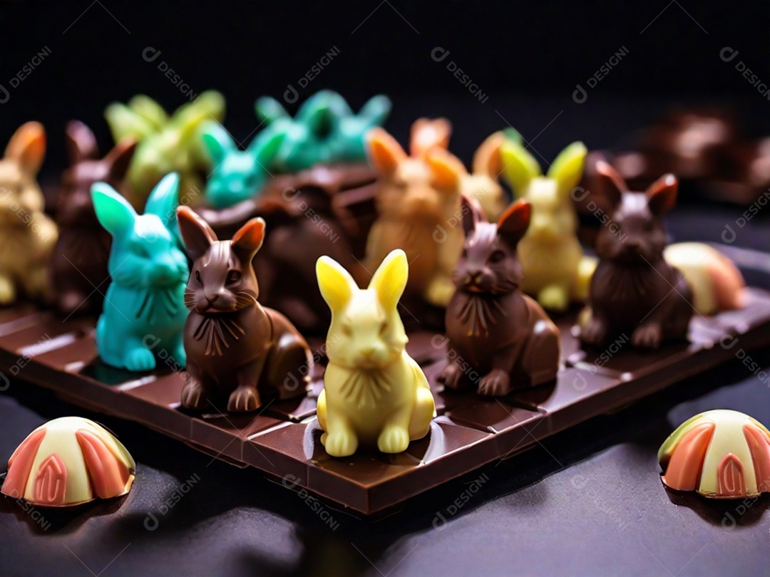 Adoráveis ​​chocolates em formato de coelho dispostos cuidadosamente sobre uma superfície escura