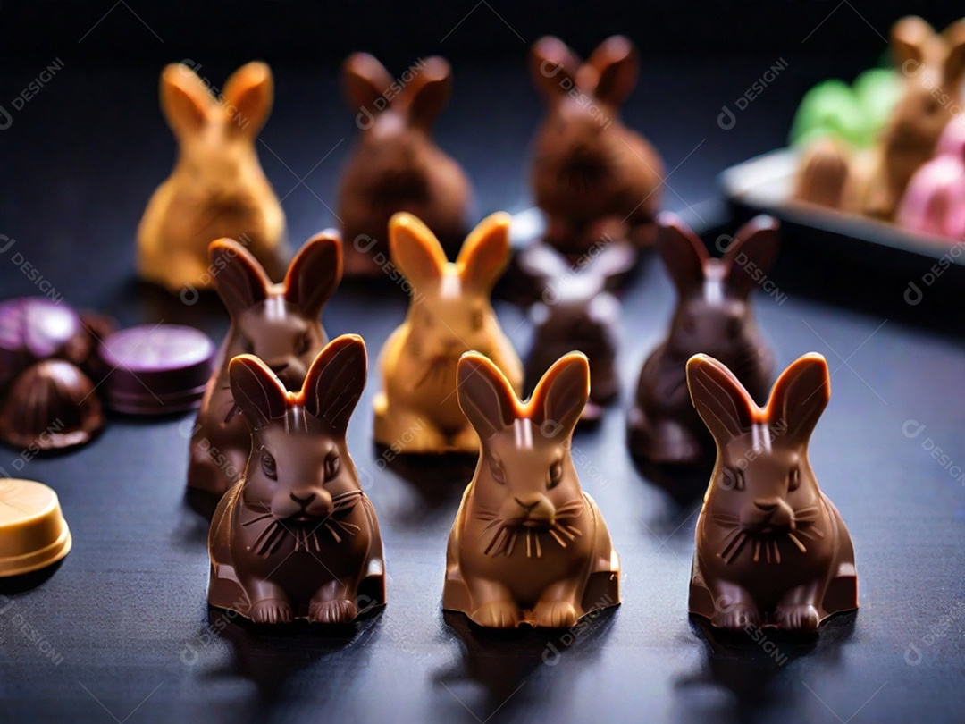Adoráveis ​​chocolates em formato de coelho dispostos cuidadosamente sobre uma superfície escura