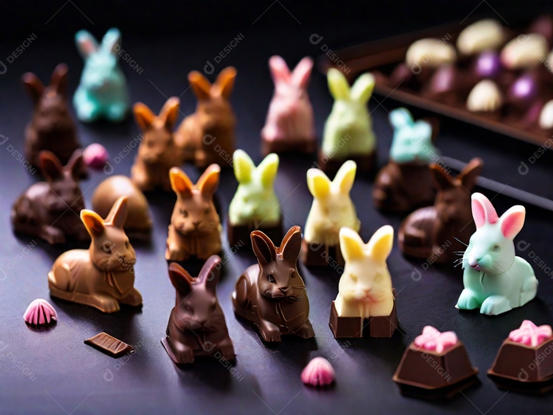 Adoráveis ​​chocolates em formato de coelho dispostos cuidadosamente sobre uma superfície escura