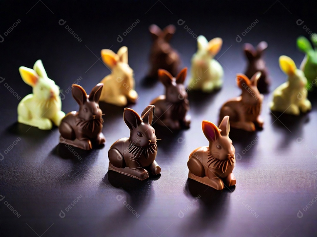 Adoráveis ​​chocolates em formato de coelho dispostos cuidadosamente sobre uma superfície escura