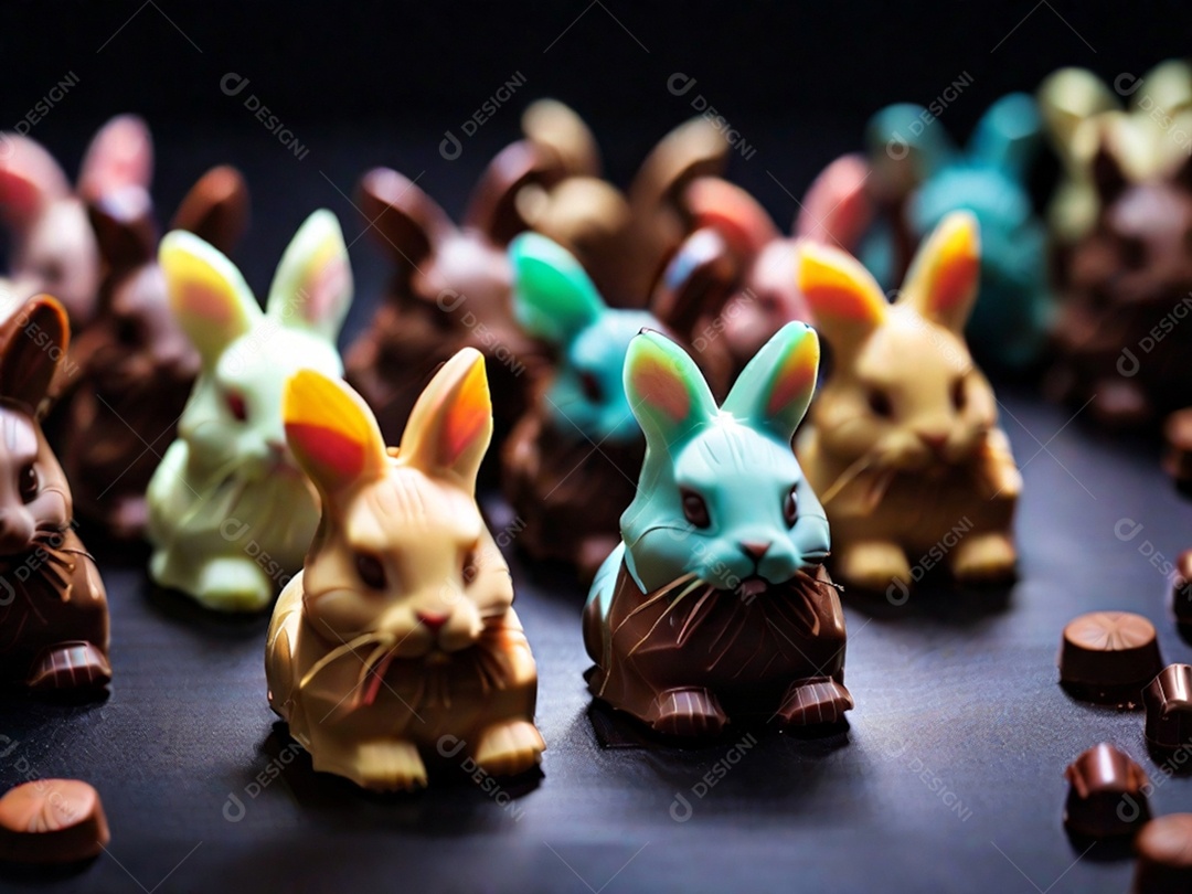 Adoráveis ​​chocolates em formato de coelho dispostos cuidadosamente sobre uma superfície escura