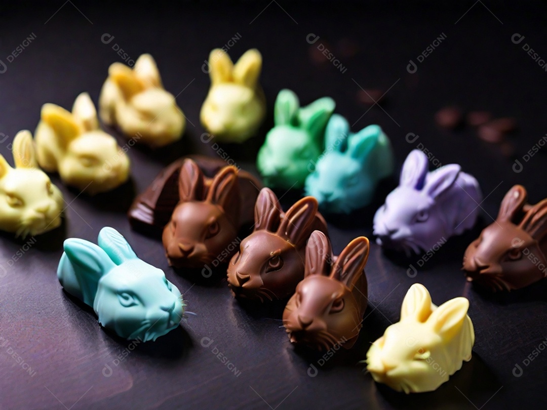 Adoráveis ​​chocolates em formato de coelho dispostos cuidadosamente sobre uma superfície escura