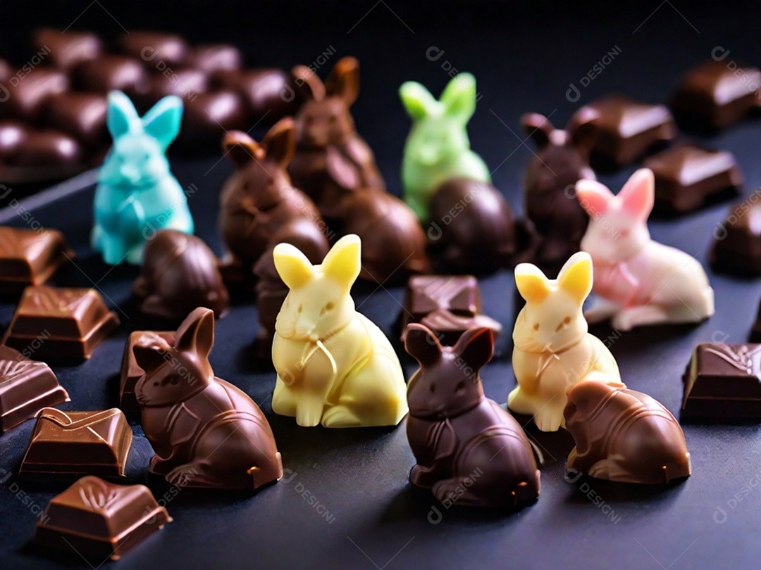 Adoráveis ​​chocolates em formato de coelho dispostos cuidadosamente sobre uma superfície escura