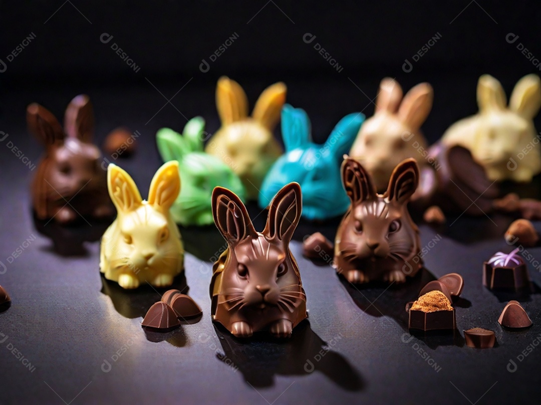 Adoráveis ​​chocolates em formato de coelho dispostos cuidadosamente sobre uma superfície escura