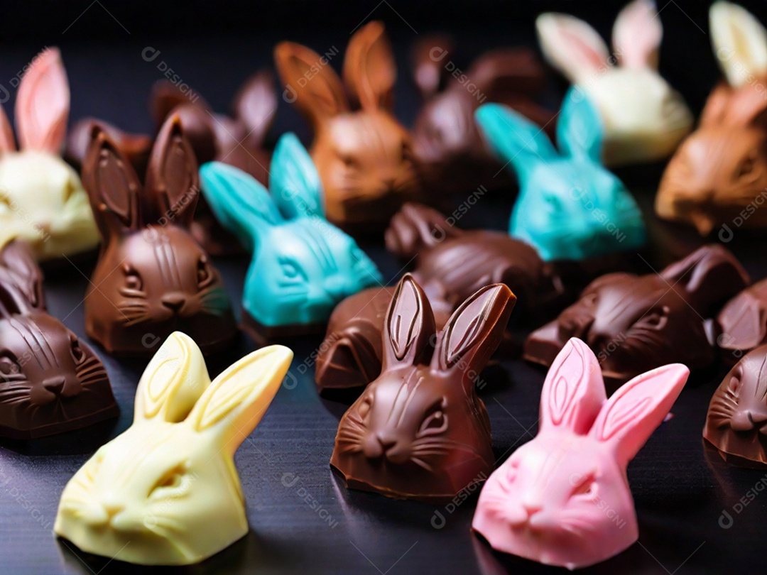 Adoráveis ​​chocolates em formato de coelho dispostos cuidadosamente sobre uma superfície escura