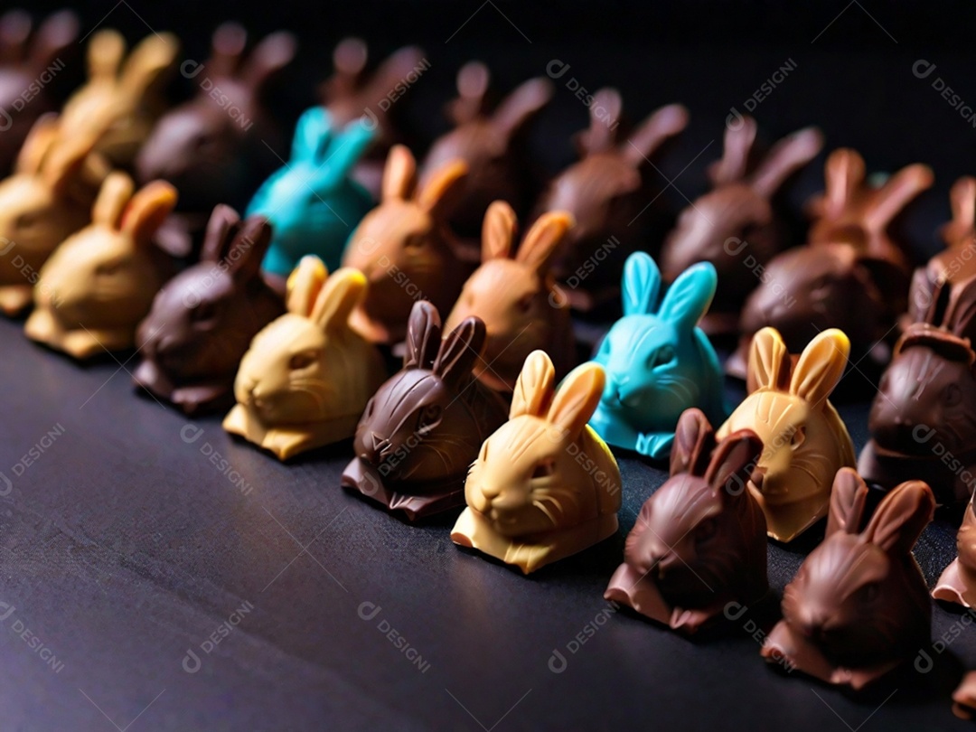 Adoráveis ​​chocolates em formato de coelho dispostos cuidadosamente sobre uma superfície escura
