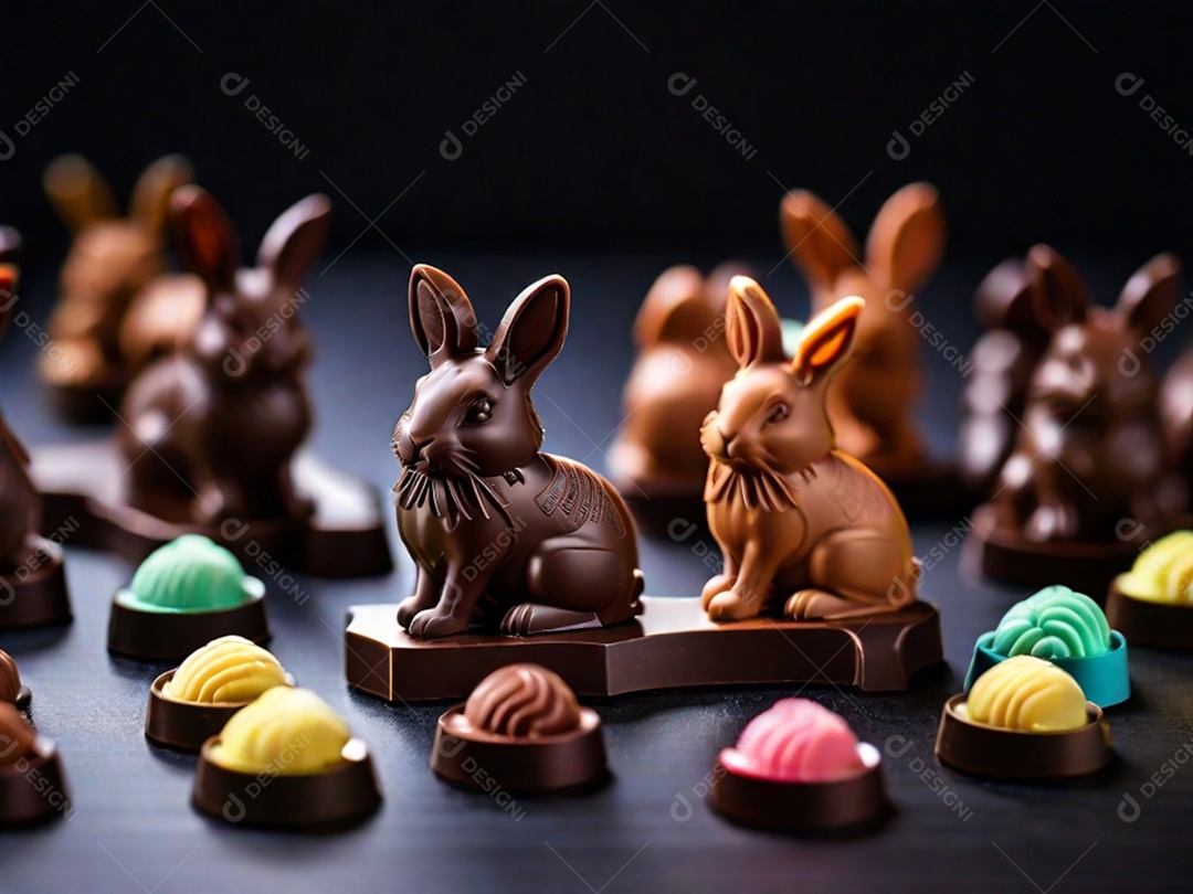 Adoráveis ​​chocolates em formato de coelho dispostos cuidadosamente sobre uma superfície escura