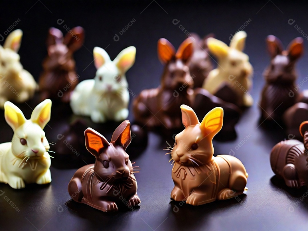 Adoráveis ​​chocolates em formato de coelho dispostos cuidadosamente sobre uma superfície escura