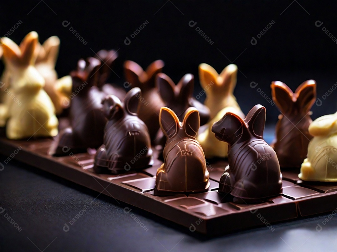 Adoráveis ​​chocolates em formato de coelho dispostos cuidadosamente sobre uma superfície escura