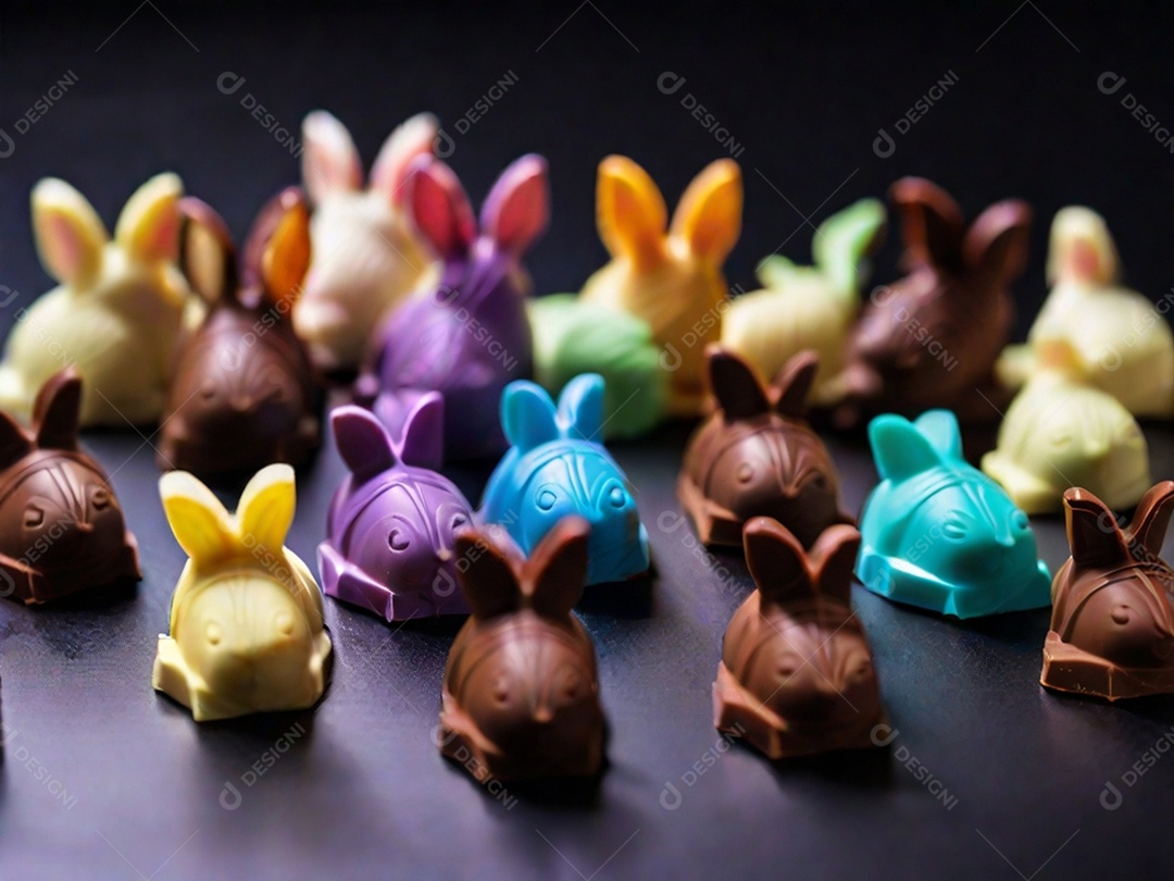 Adoráveis ​​chocolates em formato de coelho dispostos cuidadosamente sobre uma superfície escura