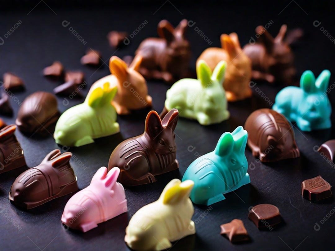 Adoráveis ​​chocolates em formato de coelho dispostos cuidadosamente sobre uma superfície escura