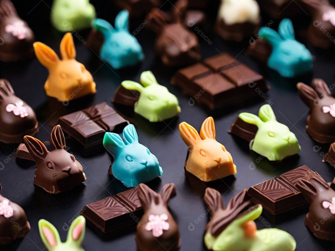 Adoráveis ​​chocolates em formato de coelho dispostos cuidadosamente sobre uma superfície escura