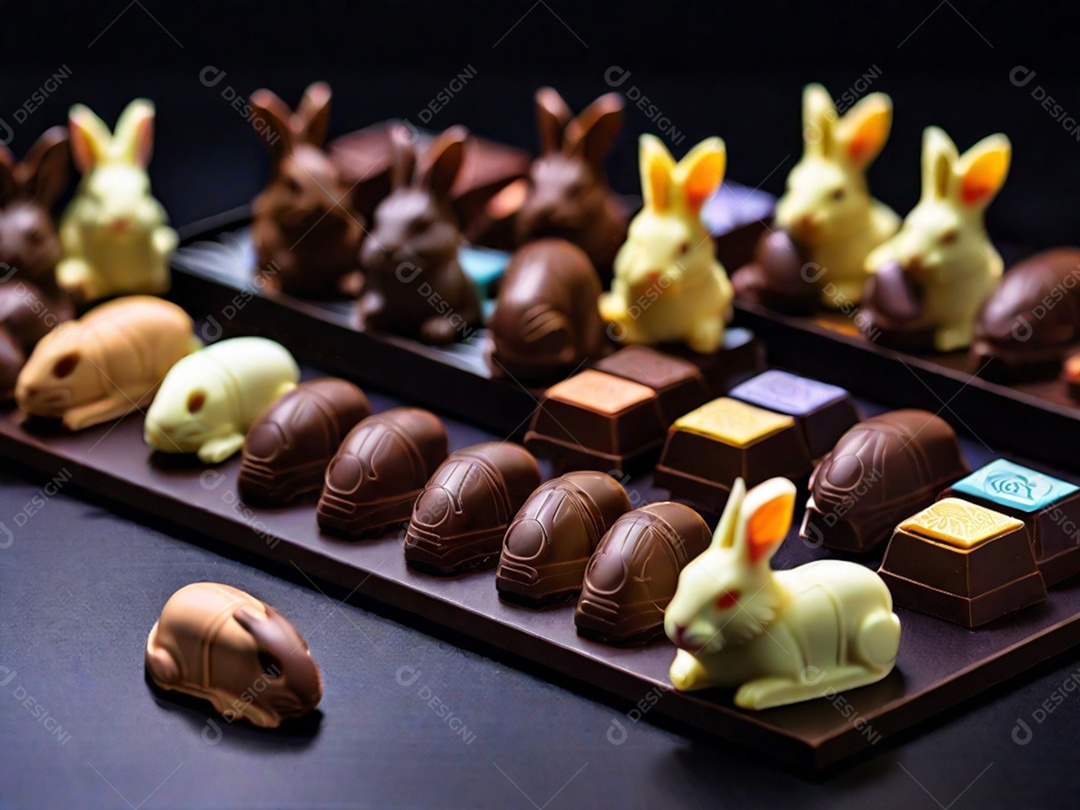 Adoráveis ​​chocolates em formato de coelho dispostos cuidadosamente sobre uma superfície escura
