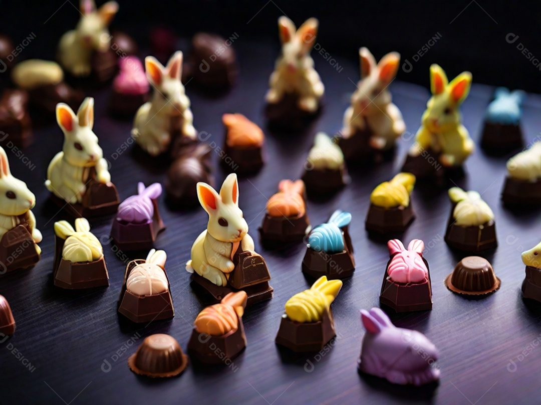 Adoráveis ​​chocolates em formato de coelho dispostos cuidadosamente sobre uma superfície escura