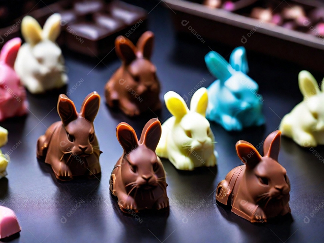 Adoráveis ​​chocolates em formato de coelho dispostos cuidadosamente sobre uma superfície escura