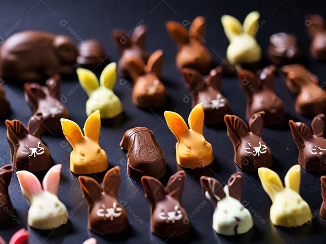 Adoráveis ​​chocolates em formato de coelho dispostos cuidadosamente sobre uma superfície escura