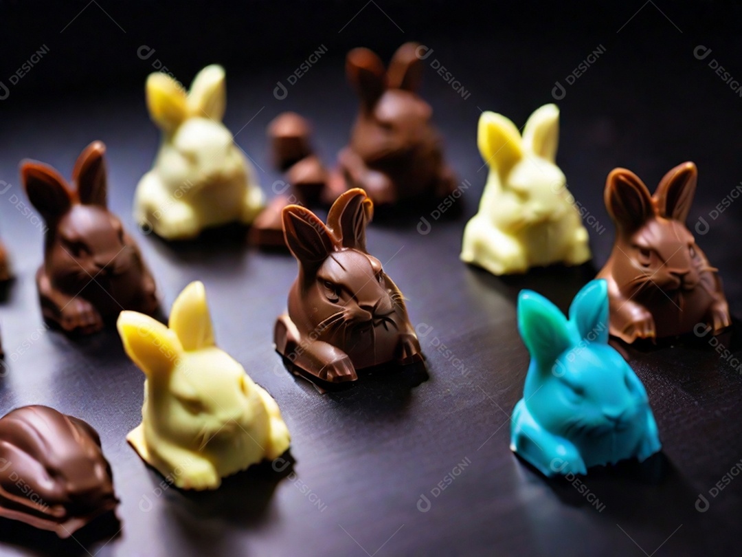 Adoráveis ​​chocolates em formato de coelho dispostos cuidadosamente sobre uma superfície escura(4)