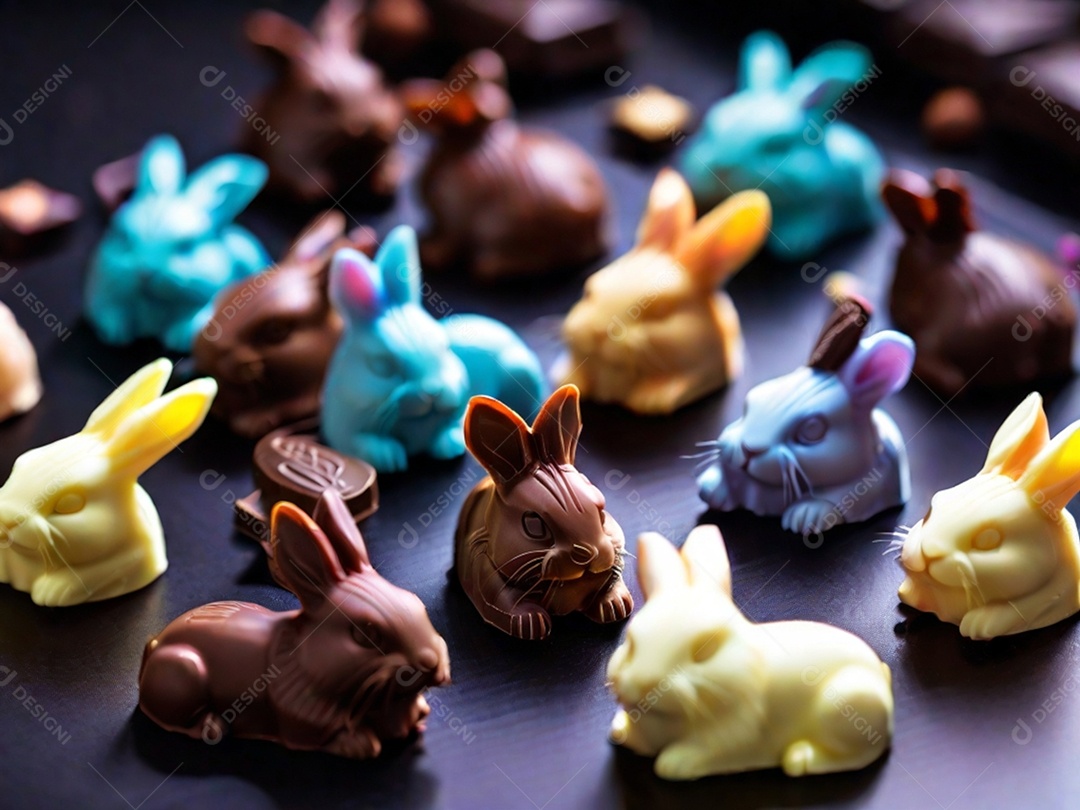 Adoráveis ​​chocolates em forma de coelho dispostos