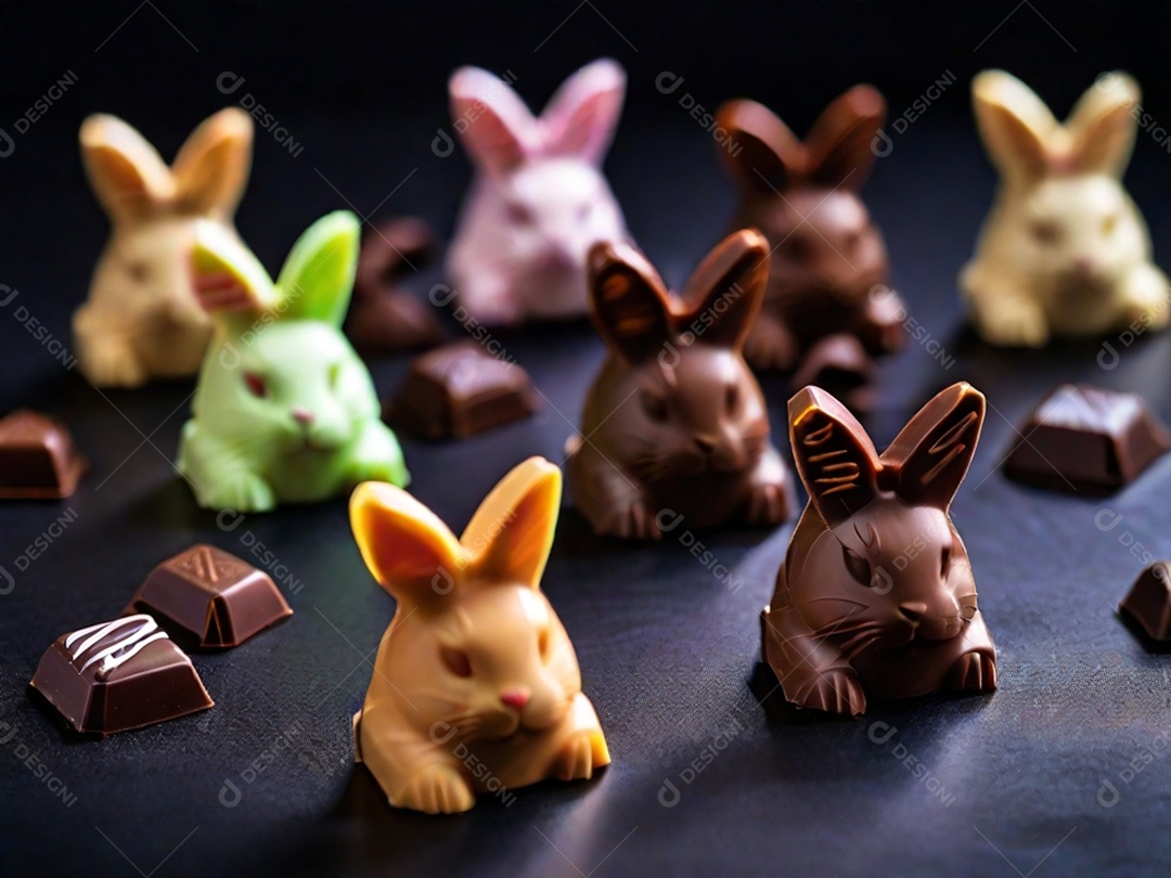 Adoráveis ​​chocolates em formato de coelho dispostos cuidadosamente sobre uma superfície escura