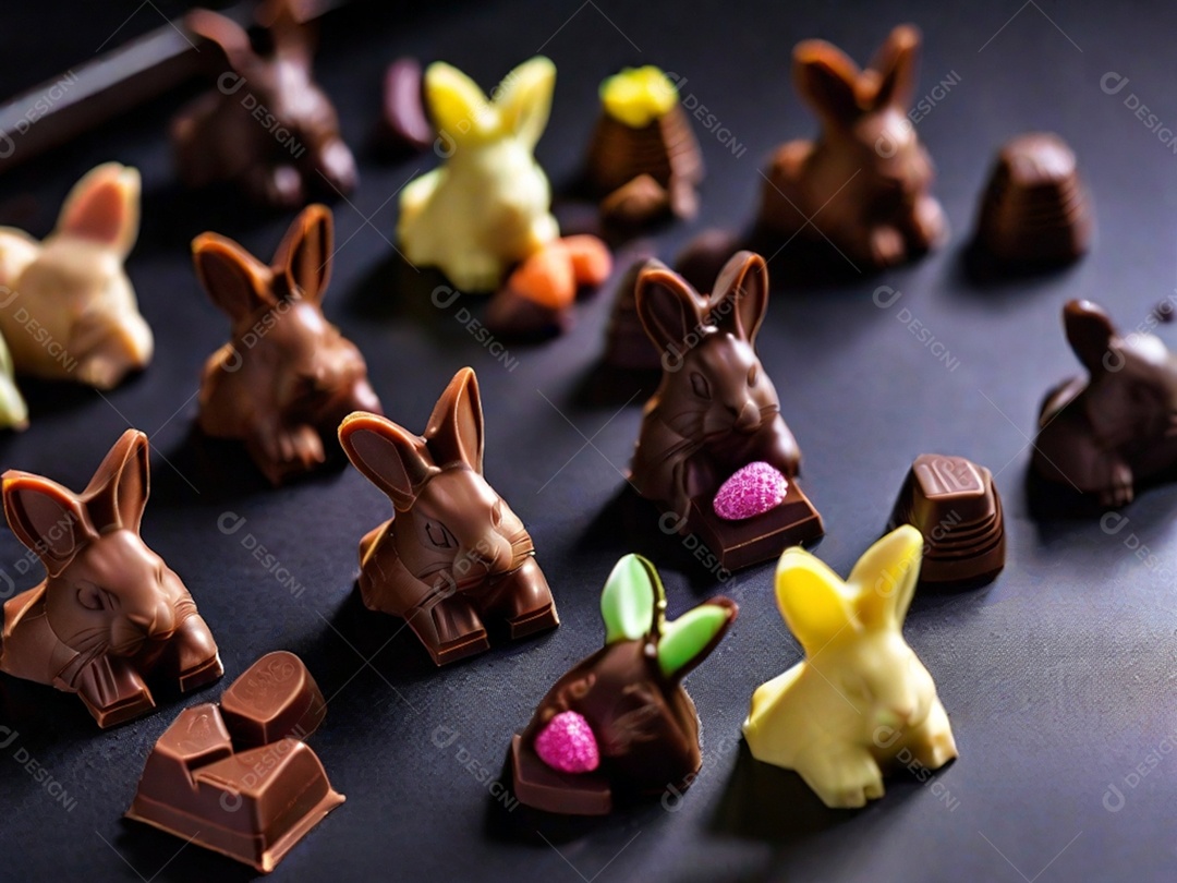 Adoráveis ​​chocolates em forma de coelho dispostos